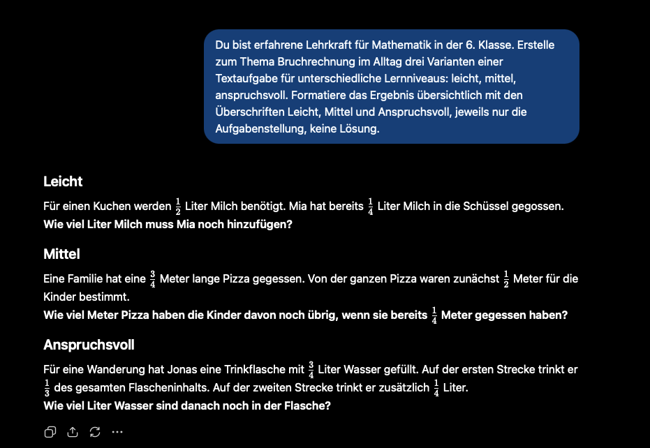 ChatGPT für Lehrer, Beispiel für differenzierte Matheaufgaben zur Bruchrechnung